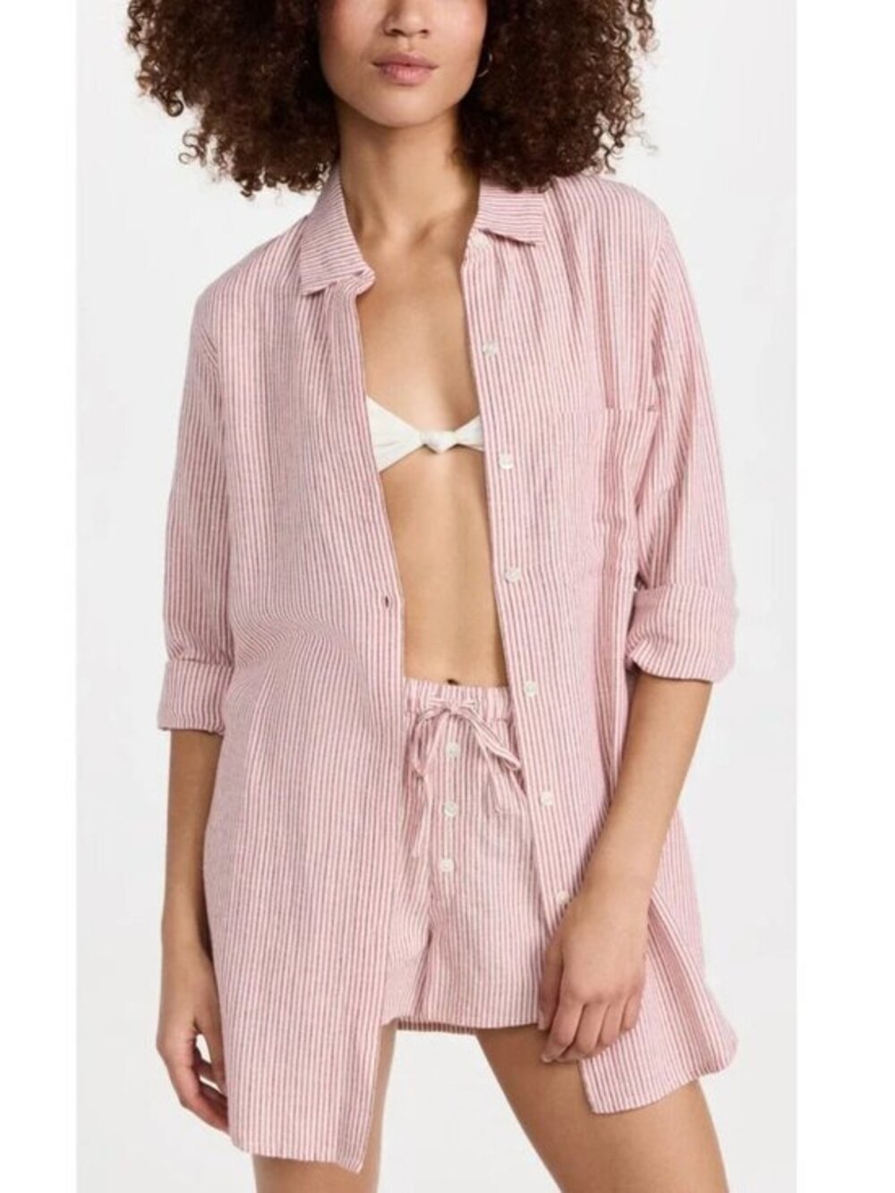 L*Space  Linen Blend Skipper Top Pink Pinstripe S/M $138